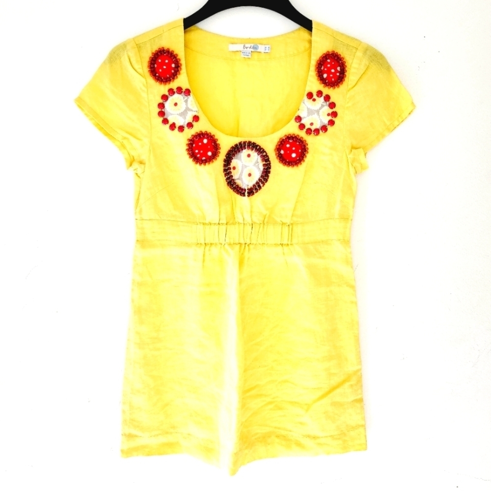 BODEN Tunic Top Yellow Beadead Neck Linen Ealstic Waist